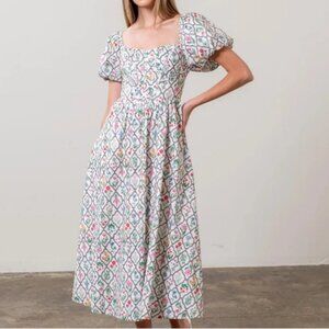 Moon River Corset Puff Sleeve Cotton Midi A Line Dress Floral White